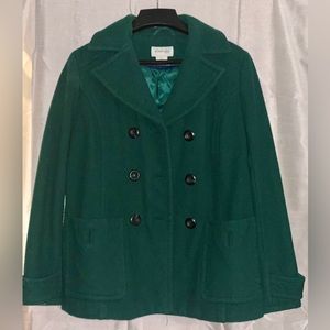 St. Johns Bay Pea Coat L Green Wool Cashmere Blend Double Breasted Lined Jacket
